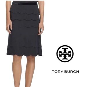 Tory Burch Black Scalloped Tier Midi Knee Length Skirt NWT Size 8 Medium Pencil